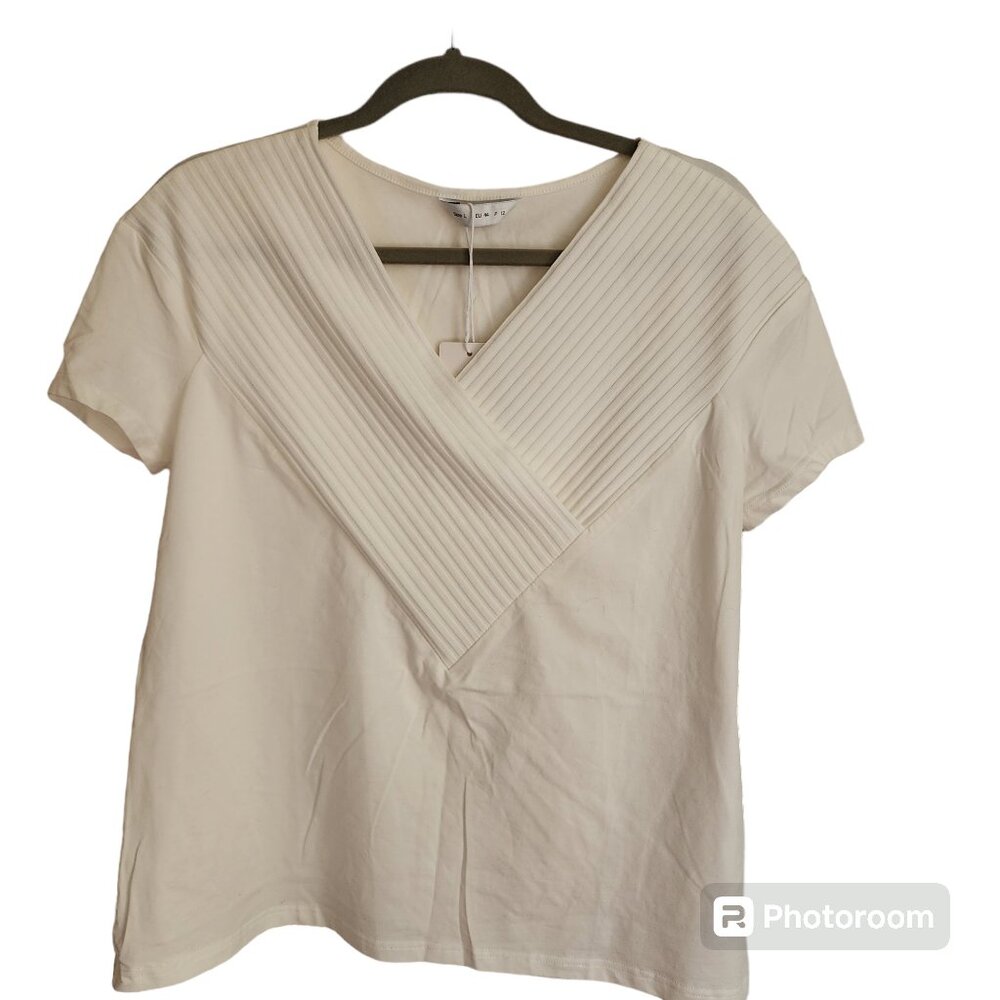 Tendancy - Beautifully Pleated White Short Sleeve Shirt, Size L